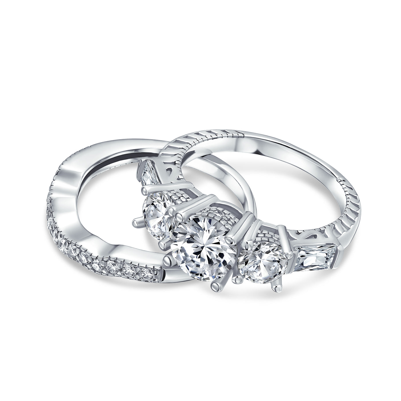 Vintage Art Deco Past Present Future 3-Stone CZ Wedding Ring Set Sterling Silver