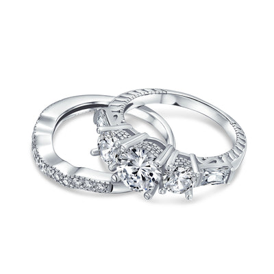 Vintage Art Deco Past Present Future 3-Stone CZ Wedding Ring Set Sterling Silver