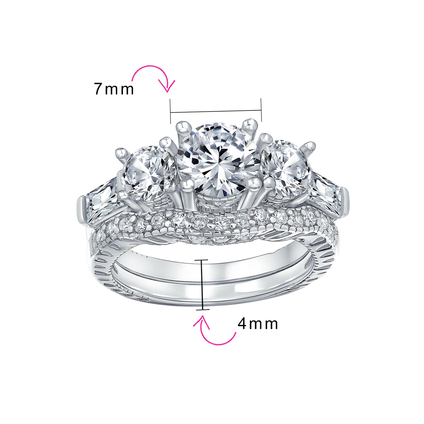 Vintage Art Deco Past Present Future 3-Stone CZ Wedding Ring Set Sterling Silver