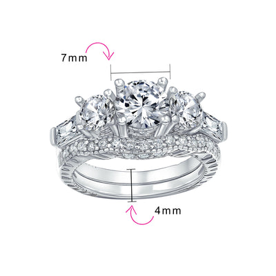 Vintage Art Deco Past Present Future 3-Stone CZ Wedding Ring Set Sterling Silver