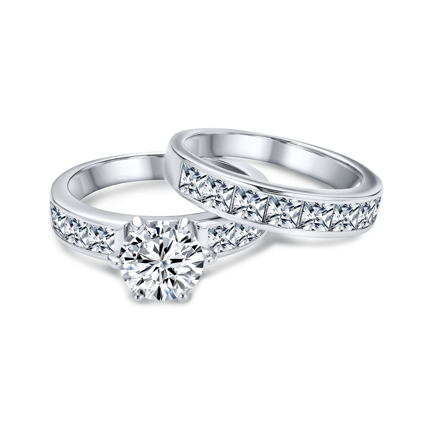 3CT Round Solitaire CZ Side Stone Band Statement Ring Set