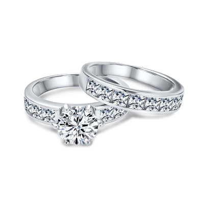 3CT Round Solitaire CZ Side Stone Band Statement Ring Set