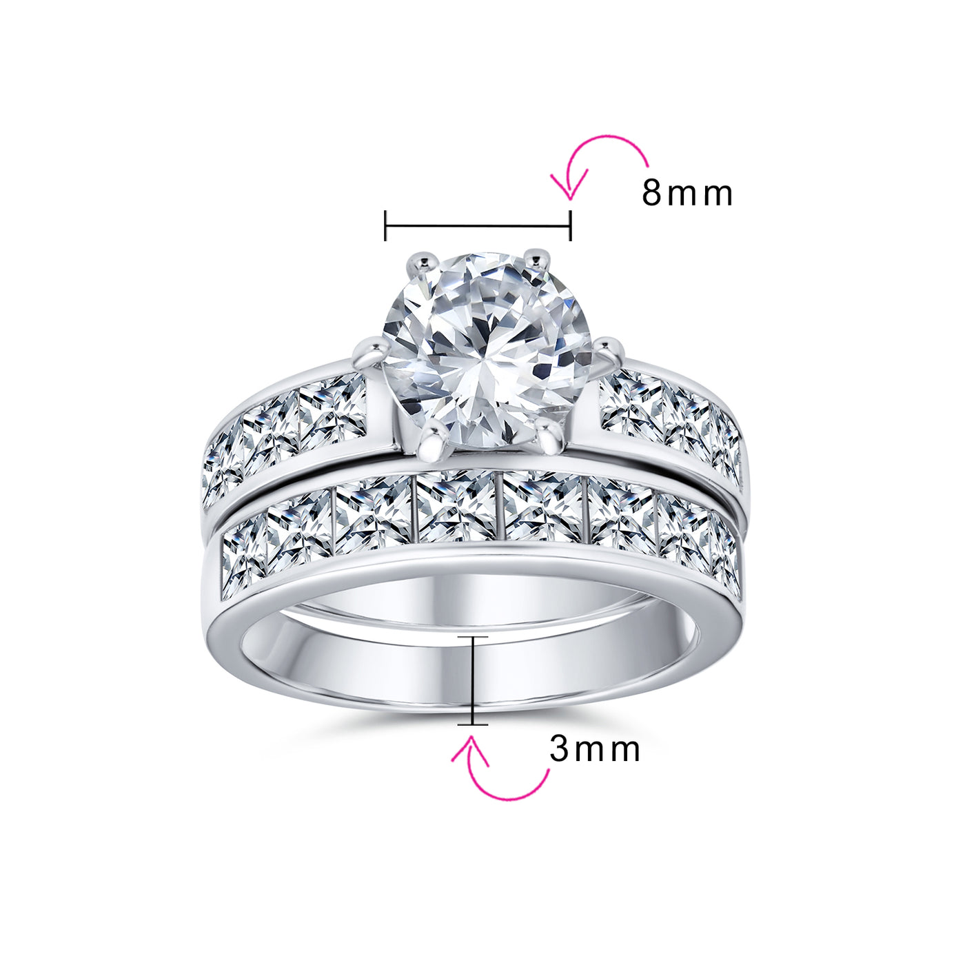 3CT Round Solitaire CZ Side Stone Band Statement Ring Set