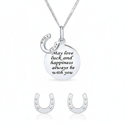 Round Inspirational Saying Quote CZ Horseshoe Necklace & Stud Earrings Set