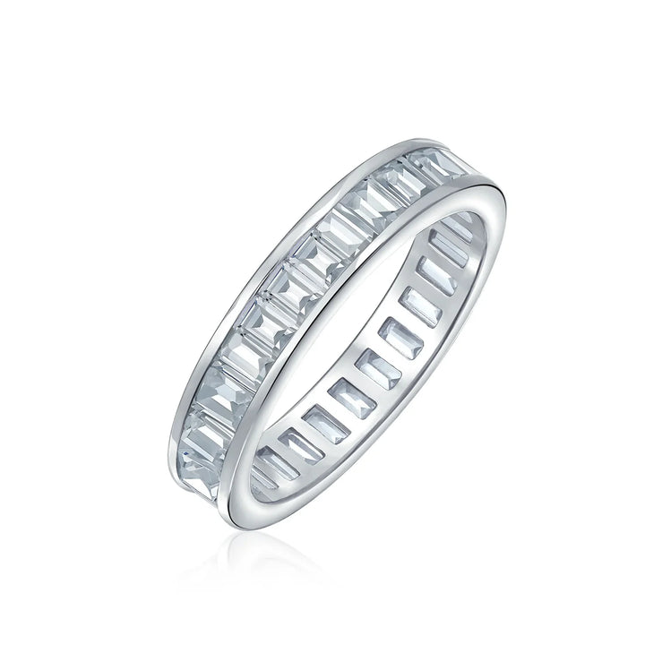 Channel Set Rectangle CZ Wedding Band Ring Silver 4MM