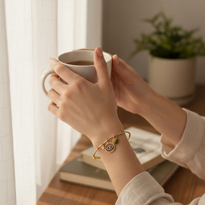 Evil Eye Heart Charm Bangle Bracelet CZ Gold Plated Sterling Silver
