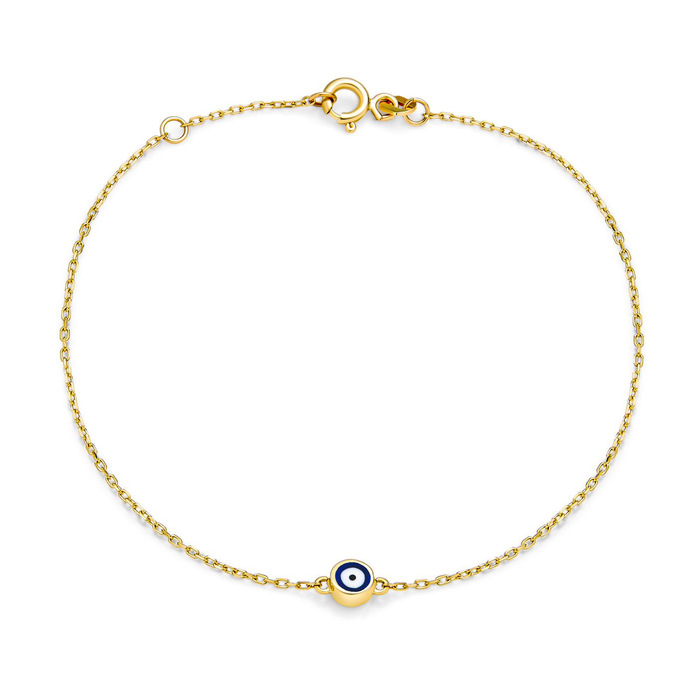 Real 14K Yellow Gold Amulet Blue Tiny Evil Eye Charm Bracelet Adjustable