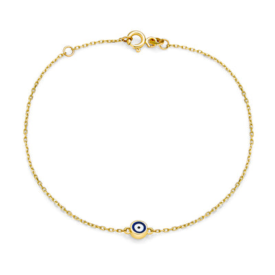 Real 14K Yellow Gold Amulet Blue Tiny Evil Eye Charm Bracelet Adjustable