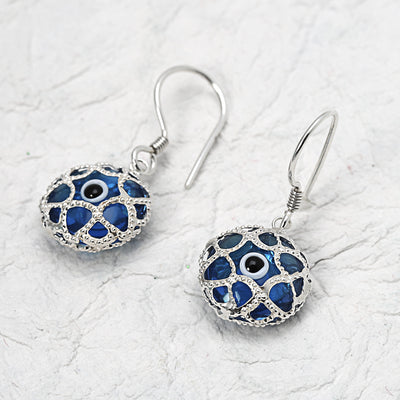 Blue Evil Eye Spiritual Drop Earrings Murano Glass Sterling Silver