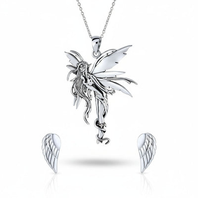Firefly Fairies Necklace & Guardian Angel Earrings Jewelry Set Sterling Silver