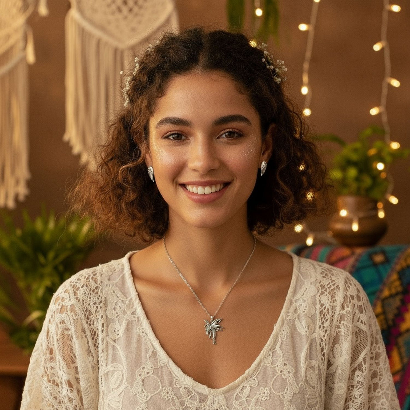 Firefly Fairies Necklace & Guardian Angel Earrings Jewelry Set Sterling Silver