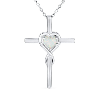 Timeless Faith Hope Love White Opal Heart Infinity Cross Pendant Necklace Silver - Bling Jewelry