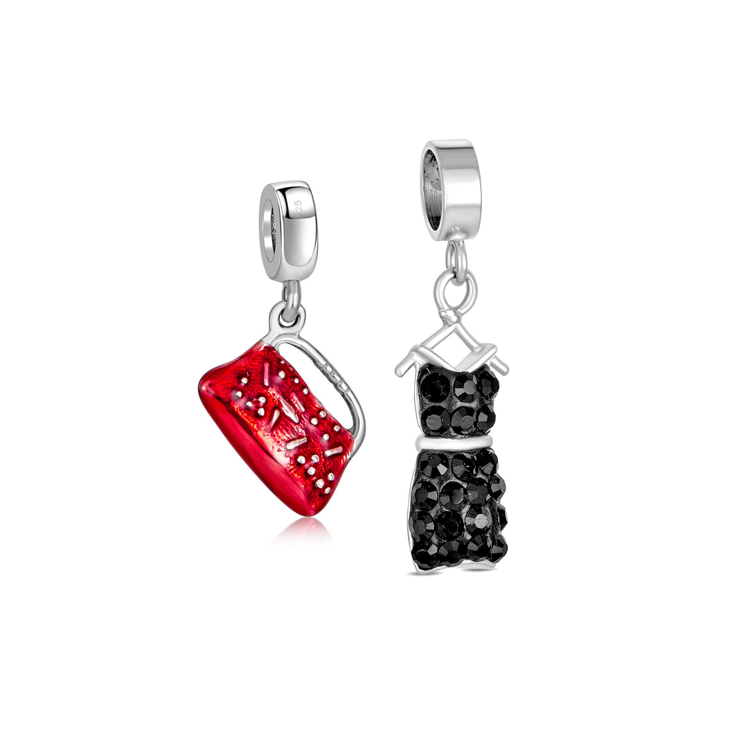 Bling Jewelry Set of 2 Fashion Crystal Black Dress & Red Clutch Purse Dangle Charm Bead Sterling Silver