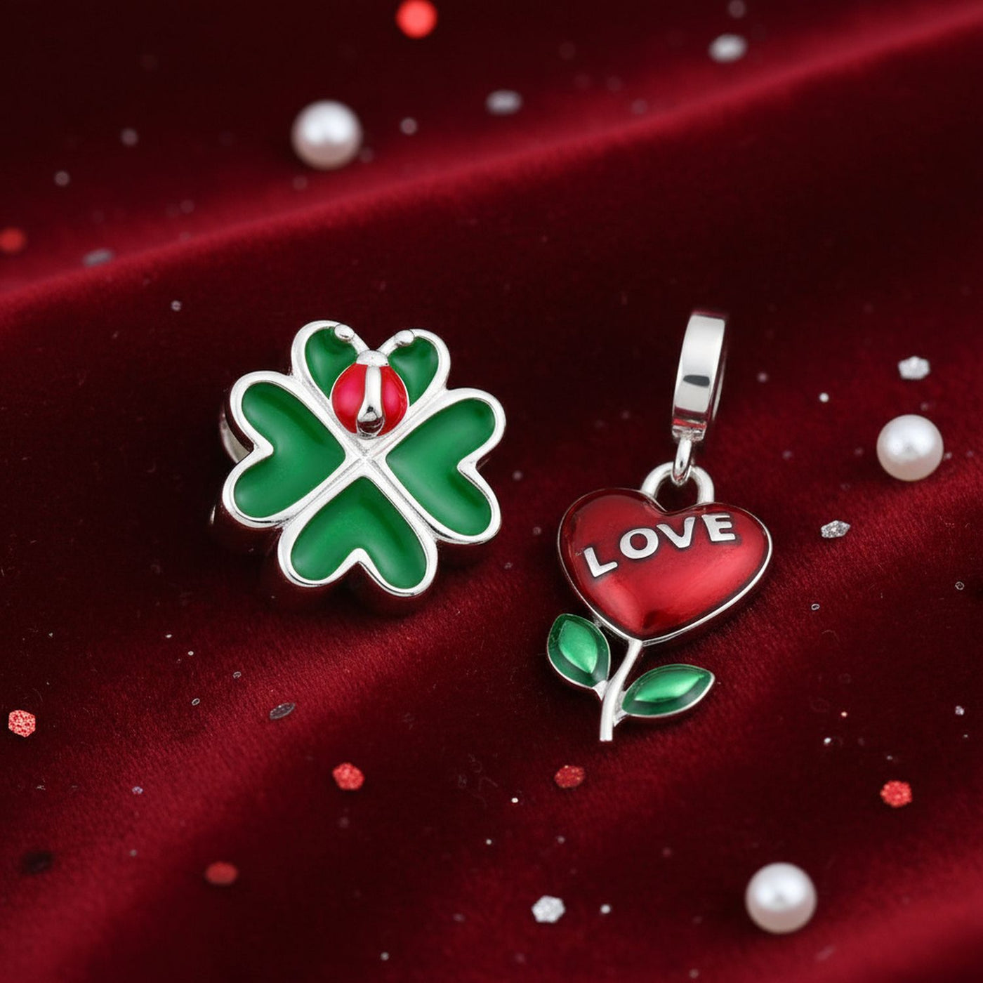 Set of 2 Flower Heart Dangle & Lady Bug Clover Charm Bead Enamel Sterling Silver