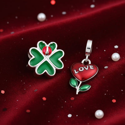 Set of 2 Flower Heart Dangle & Lady Bug Clover Charm Bead Enamel Sterling Silver
