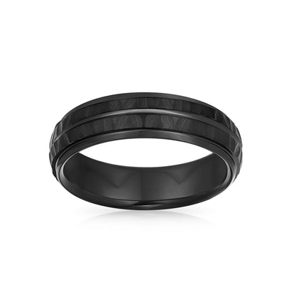 Stripe Grooved Titanium Wedding Band Ring - Black Matte Hammered Comfort Fit