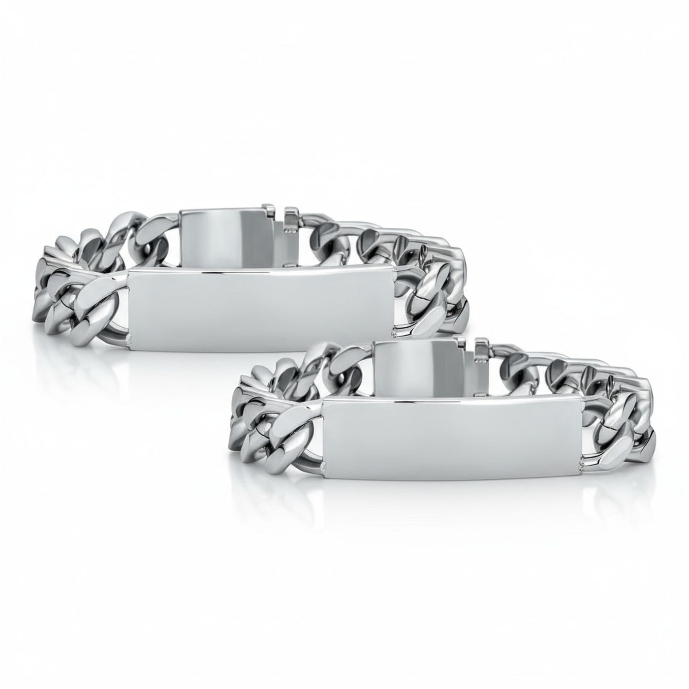 Set of 2 Cuban Link Chain ID Bracelet for Men Stainless Steel 8.5 Inch
