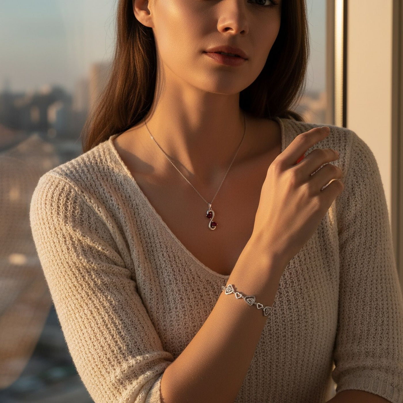 Red Infinity Heart Necklace & CZ Multi-Heart Bracelet Set Sterling Silver