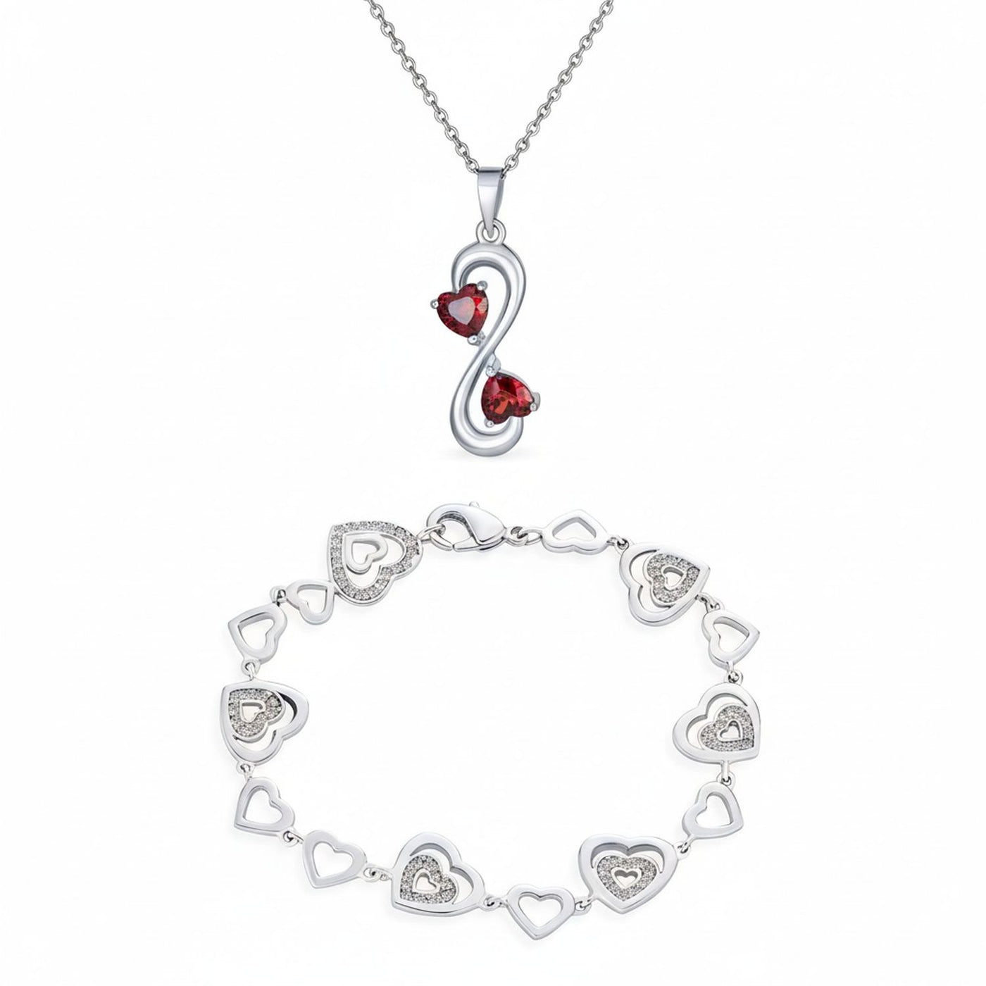 Red Infinity Heart Necklace & CZ Multi-Heart Bracelet Set Sterling Silver