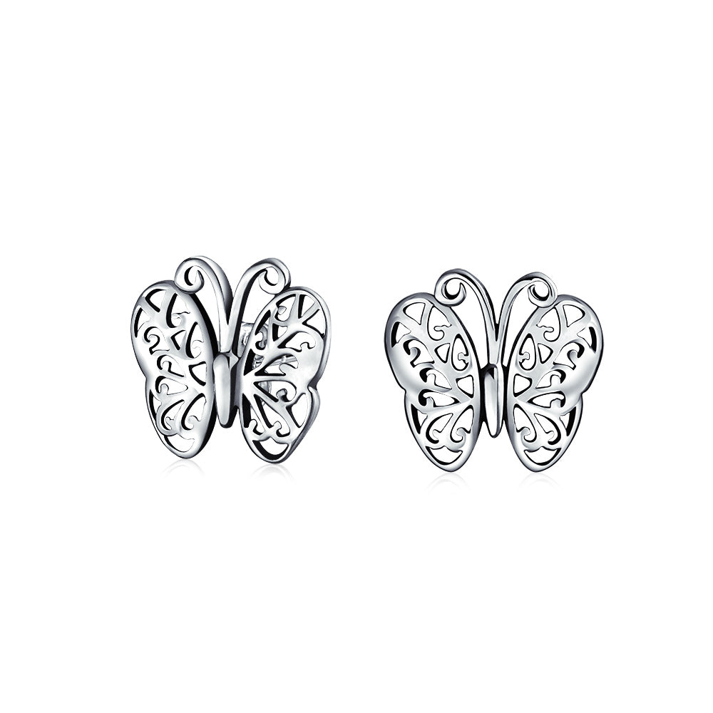Tiny Garden Filigree Butterfly Stud Earrings .925 Sterling Silver