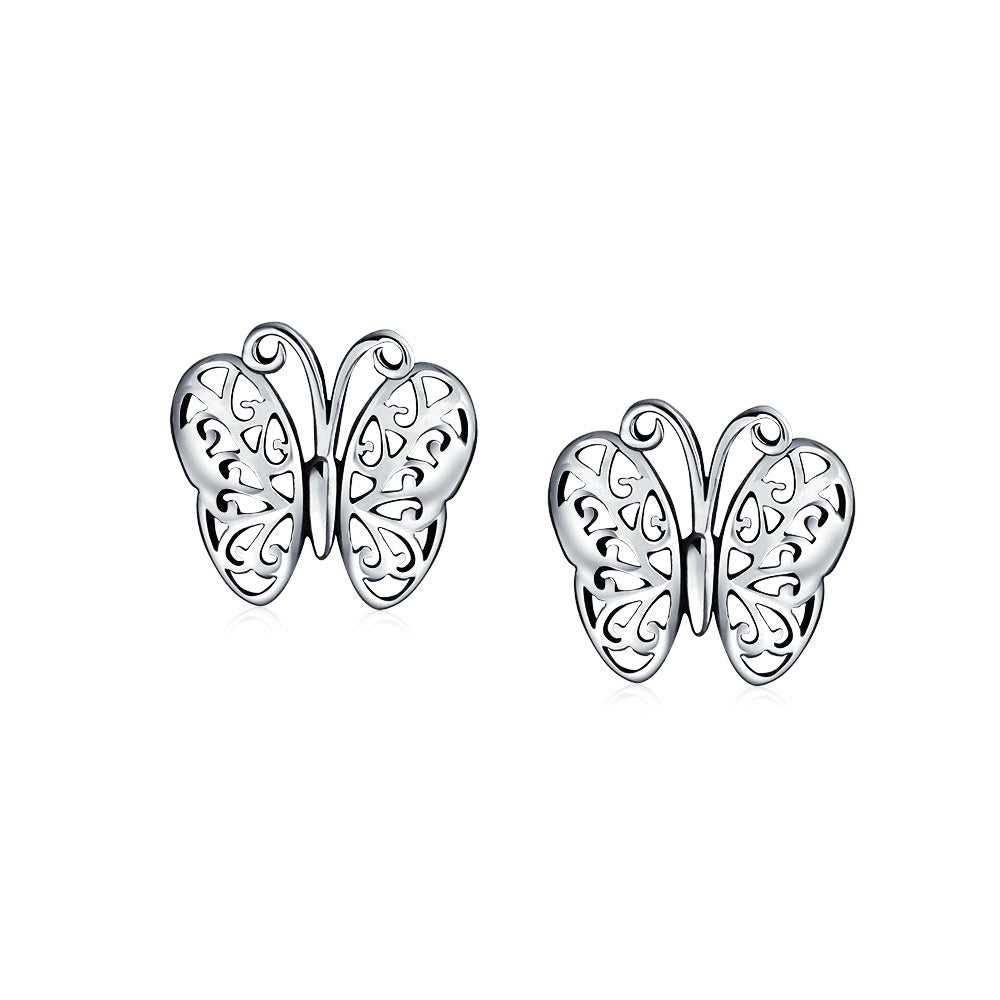 Tiny Garden Filigree Butterfly Stud Earrings .925 Sterling Silver