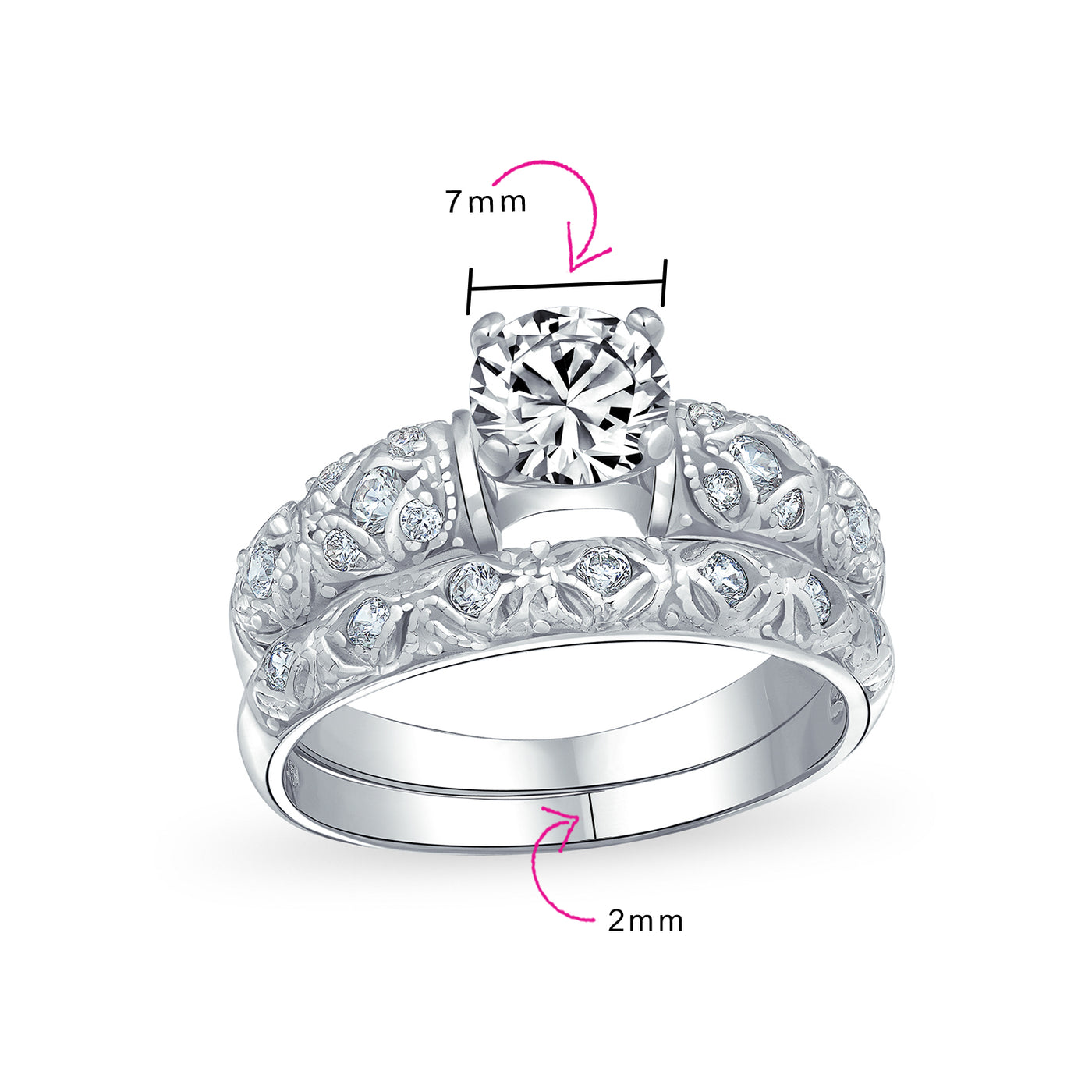 Vintage 1CT Round Solitaire Filigree CZ Statement Band Ring Set Sterling Silver