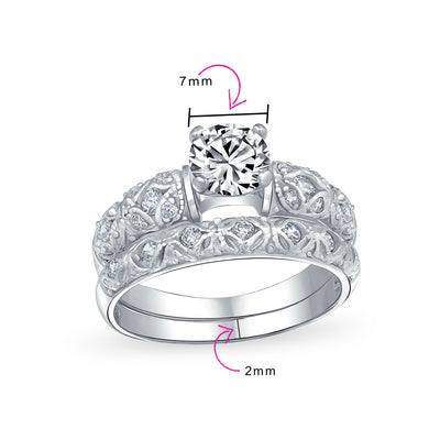 Vintage 1CT Round Solitaire Filigree CZ Statement Band Ring Set Sterling Silver