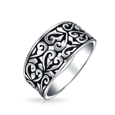 Boho Fashion Silver Ring with Open Swirl Hearts Filigree - Bling Jewelry