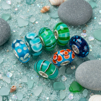 Mixed Set Sterling Silver Core Aqua Blue Flower Murano Glass Charm Bead Spacer