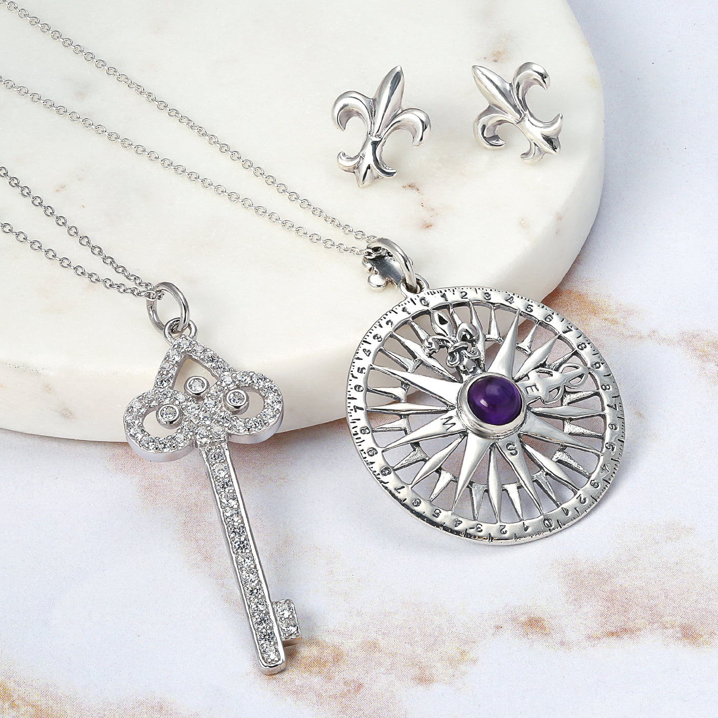 Fleur De Lis Nautical Rose Compass Purple CZ Pendant Sterling Silver