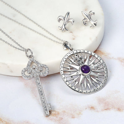 Fleur De Lis Nautical Rose Compass Purple CZ Pendant Sterling Silver
