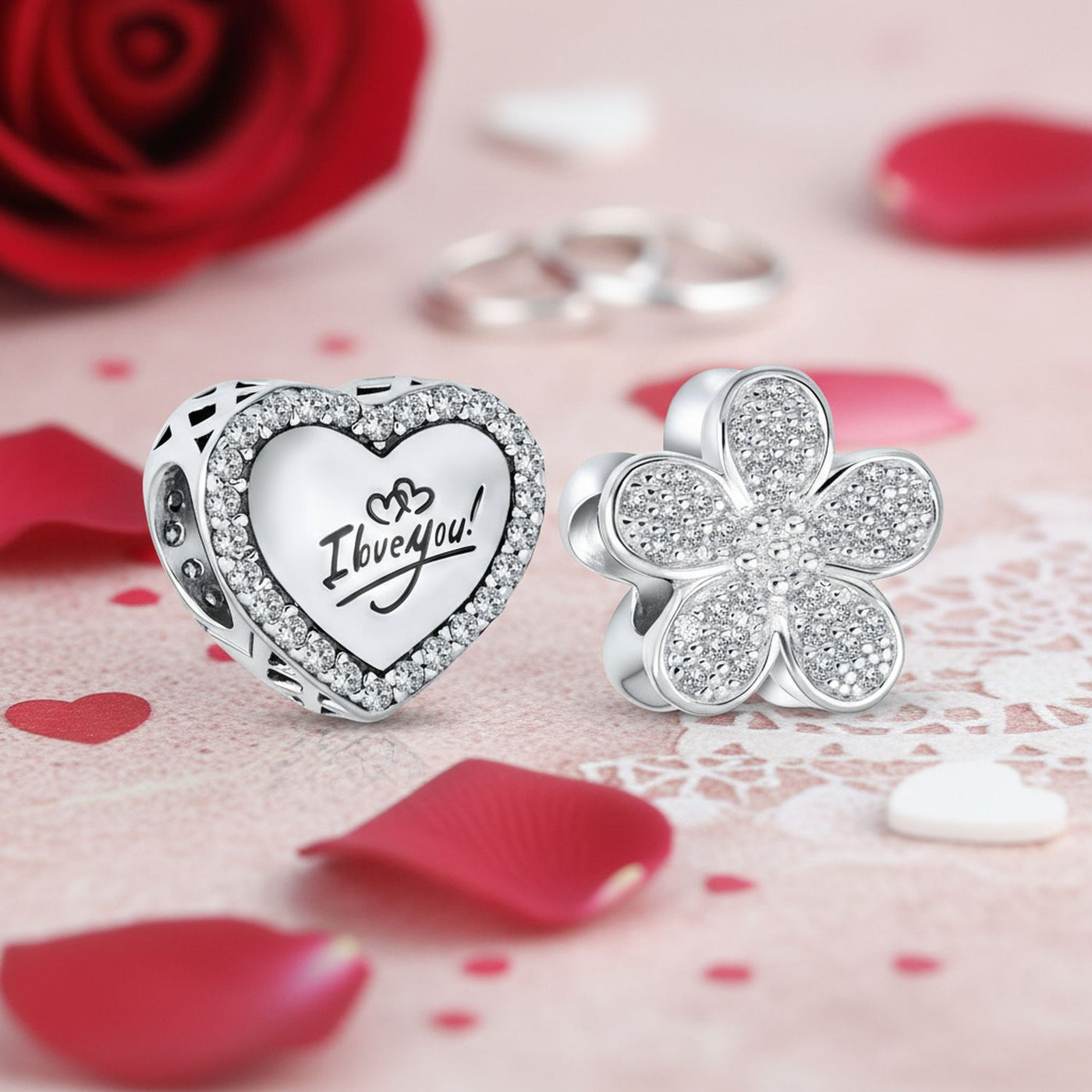 Set of 2 Words I LOVE YOU Crystal Heart & CZ Flower Bead Charm Sterling Silver