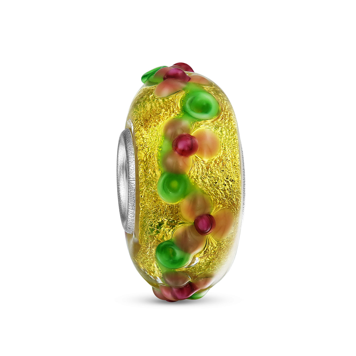 Murano Glass Charm Bead 3D Lampwork Multi-Color Gold Foil Flower Silver Core - Bling Jewelry