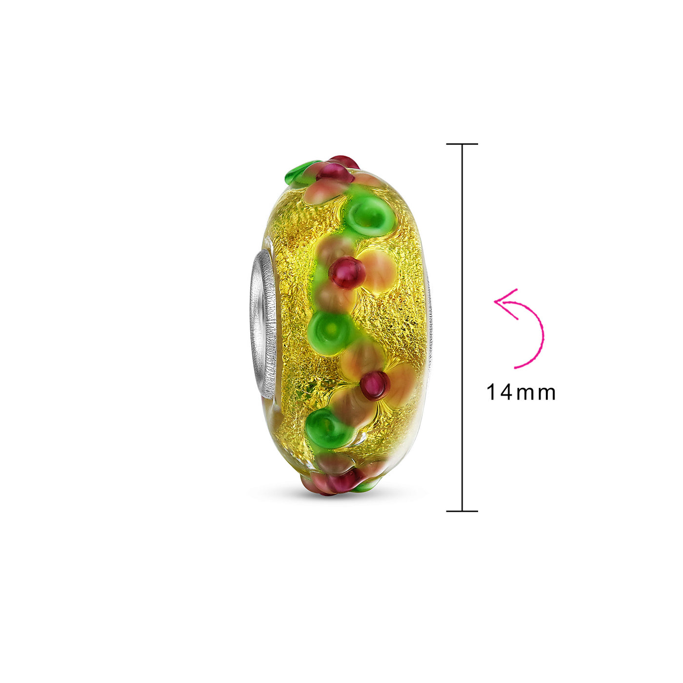 Murano Glass Charm Bead 3D Lampwork Multi-Color Gold Foil Flower Silver Core - Bling Jewelry