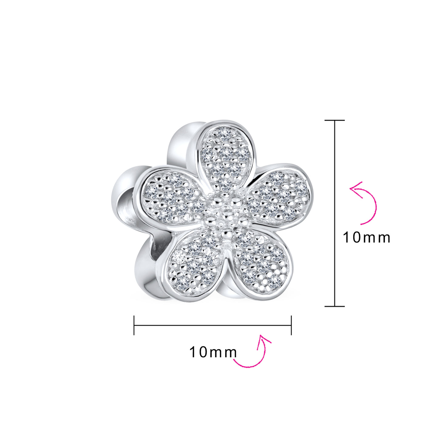 Set of 2 Words I LOVE YOU Crystal Heart & CZ Flower Bead Charm Sterling Silver