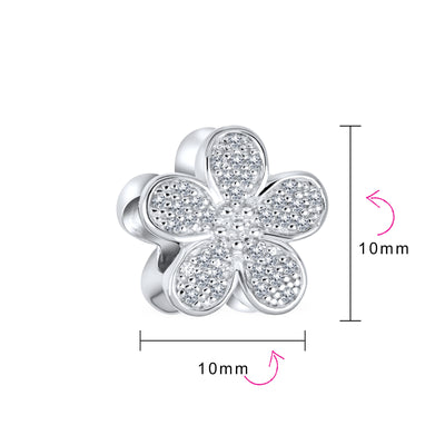 Set of 2 Words I LOVE YOU Crystal Heart & CZ Flower Bead Charm Sterling Silver