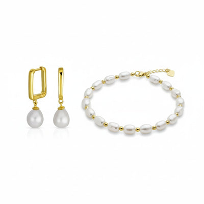 Bridal Baroque Pearl Bracelet & Teardrop Pearl Huggie Earrings Set Gold Plated