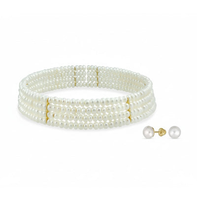 4-Row Freshwater Cultured Pearl Choker & 10K Gold Button Stud Earrings Set