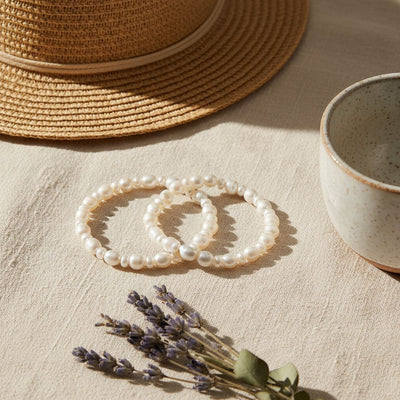 Set of 2 Baroque White Freshwater Pearl Stretch Bracelet Stackable