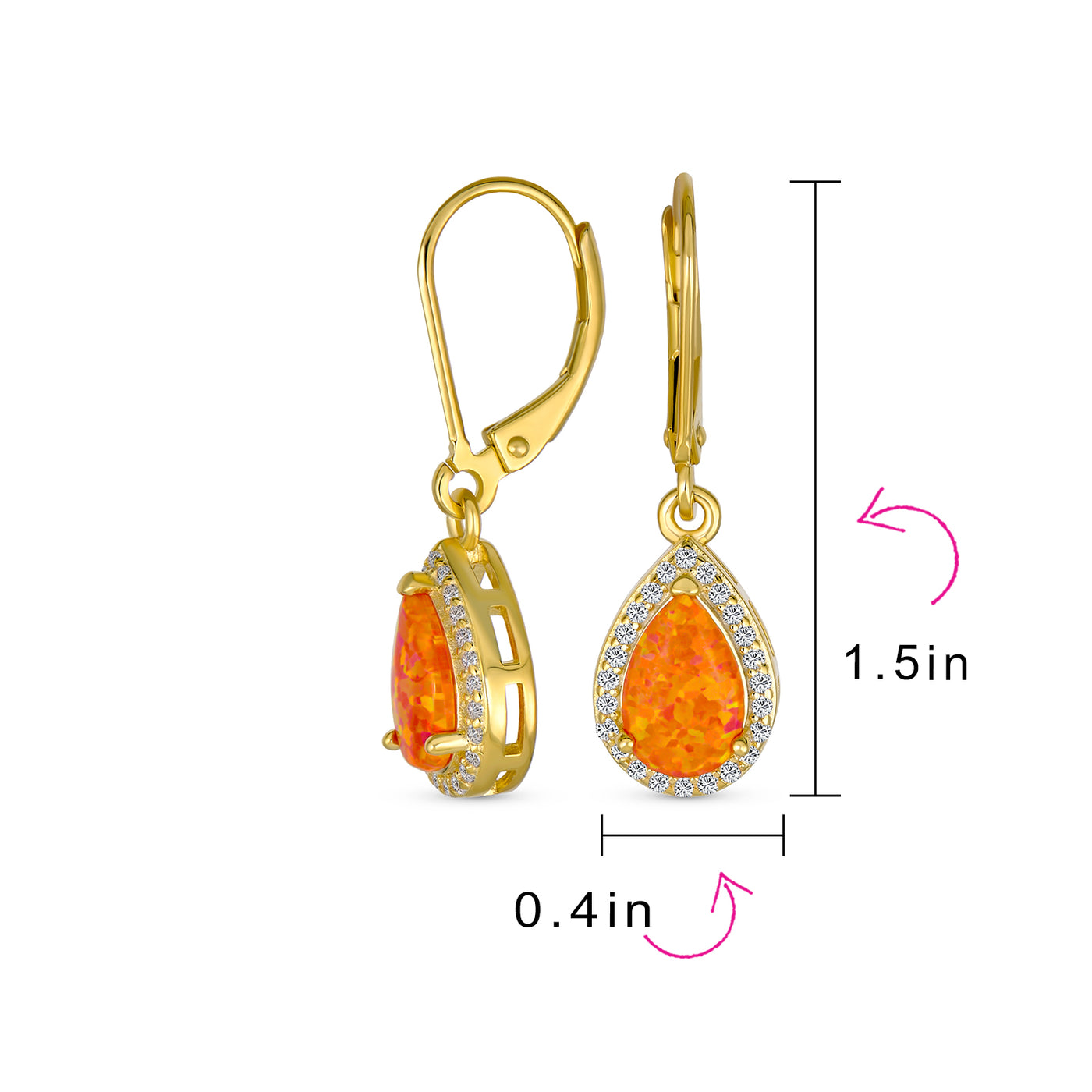Orange Opal Halo Pave CZ Round Drop Earrings Gold Plated .925 Silver