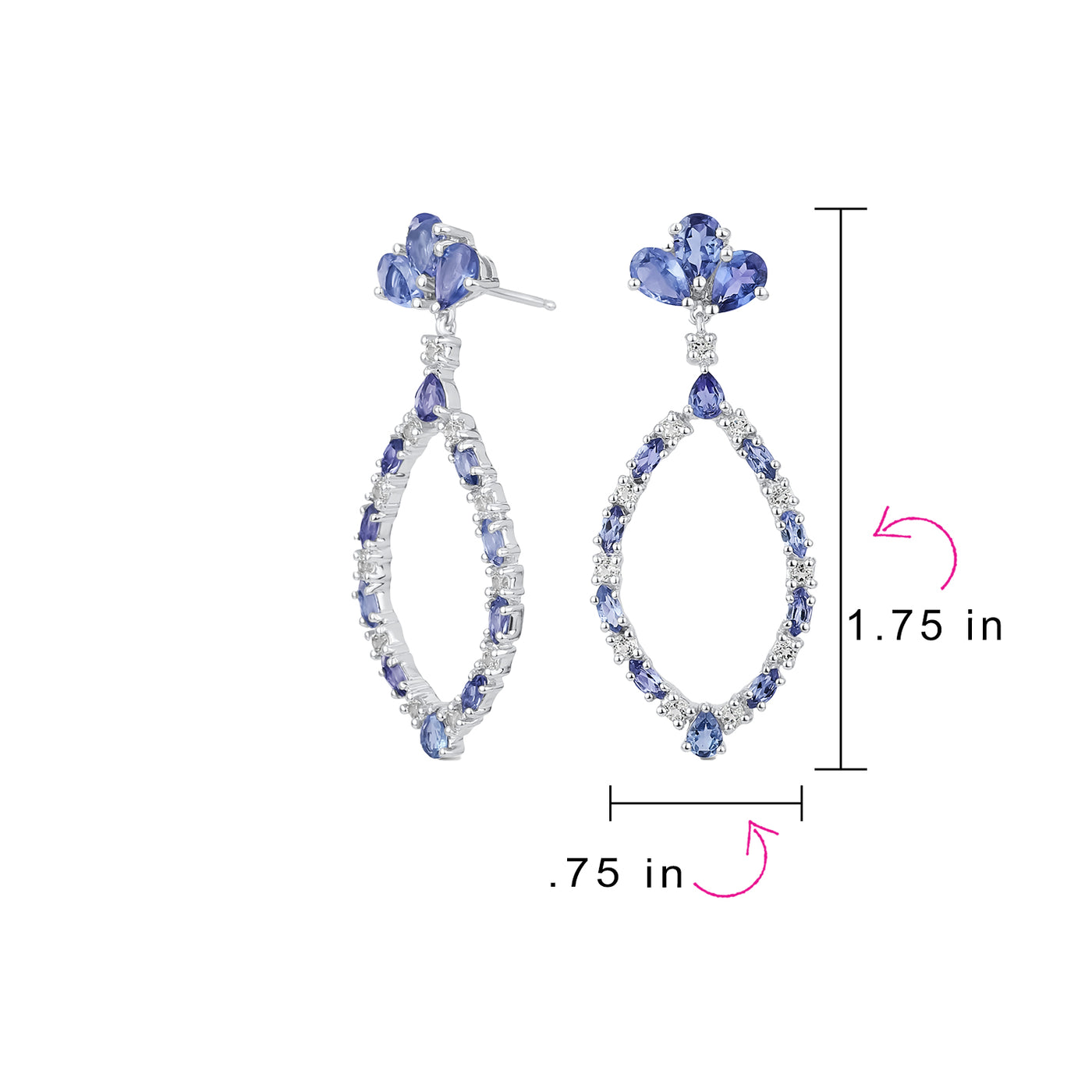 Large Open Leaf Purple Tanzanite White Topaz Chandelier Earrings Sterling Silver