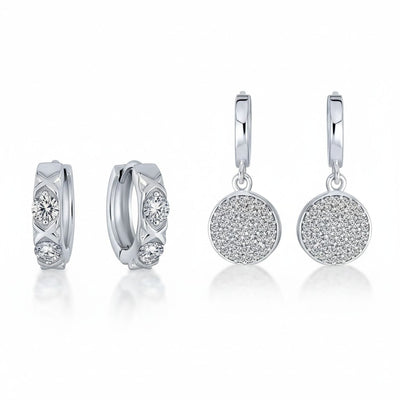 Set of 2 CZ Pave Circle & XO Crisscross Huggie Hoop Earrings Sterling Silver