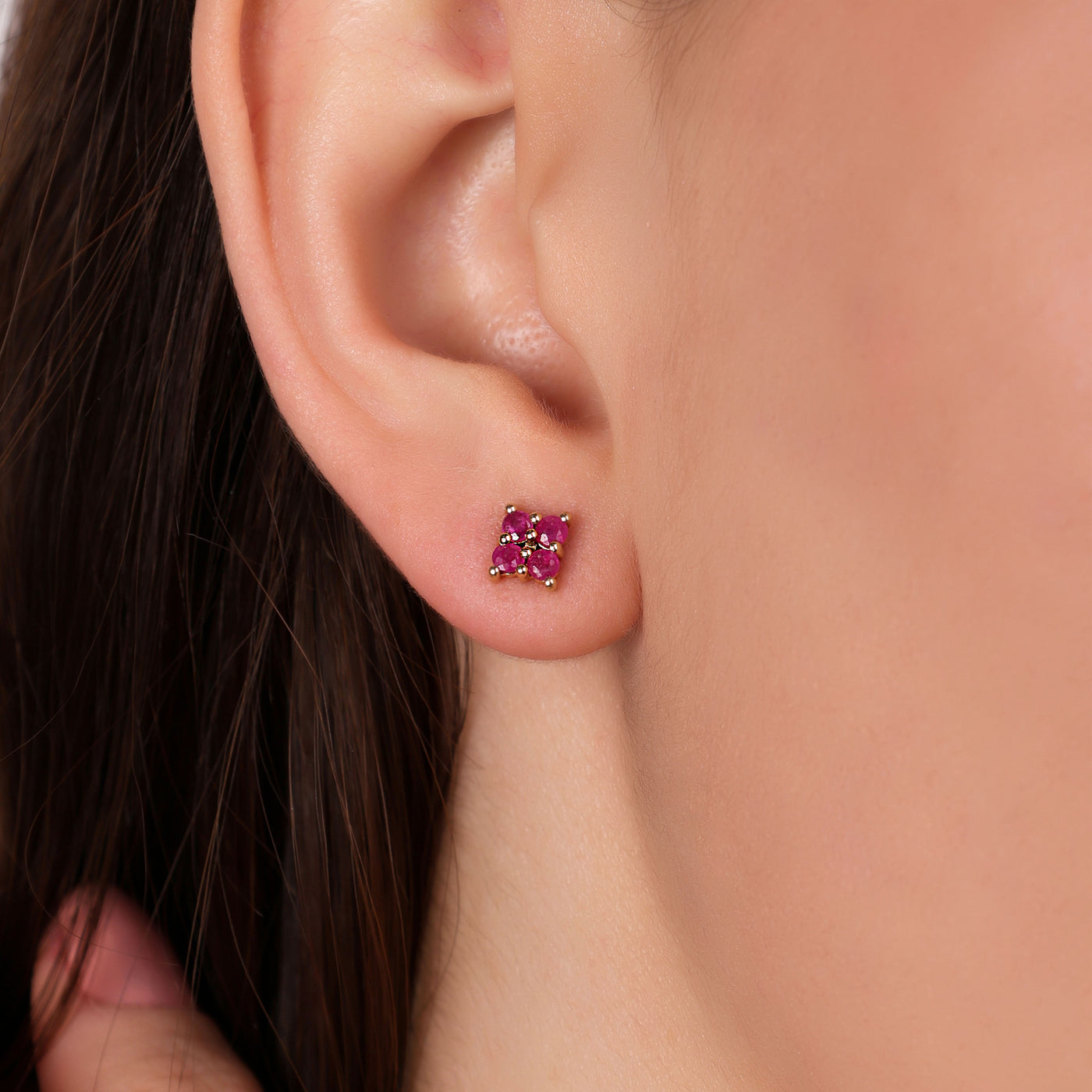 Minimalist Geometric Real 14K Yellow Gold Natural Red Ruby Square Stud Earrings