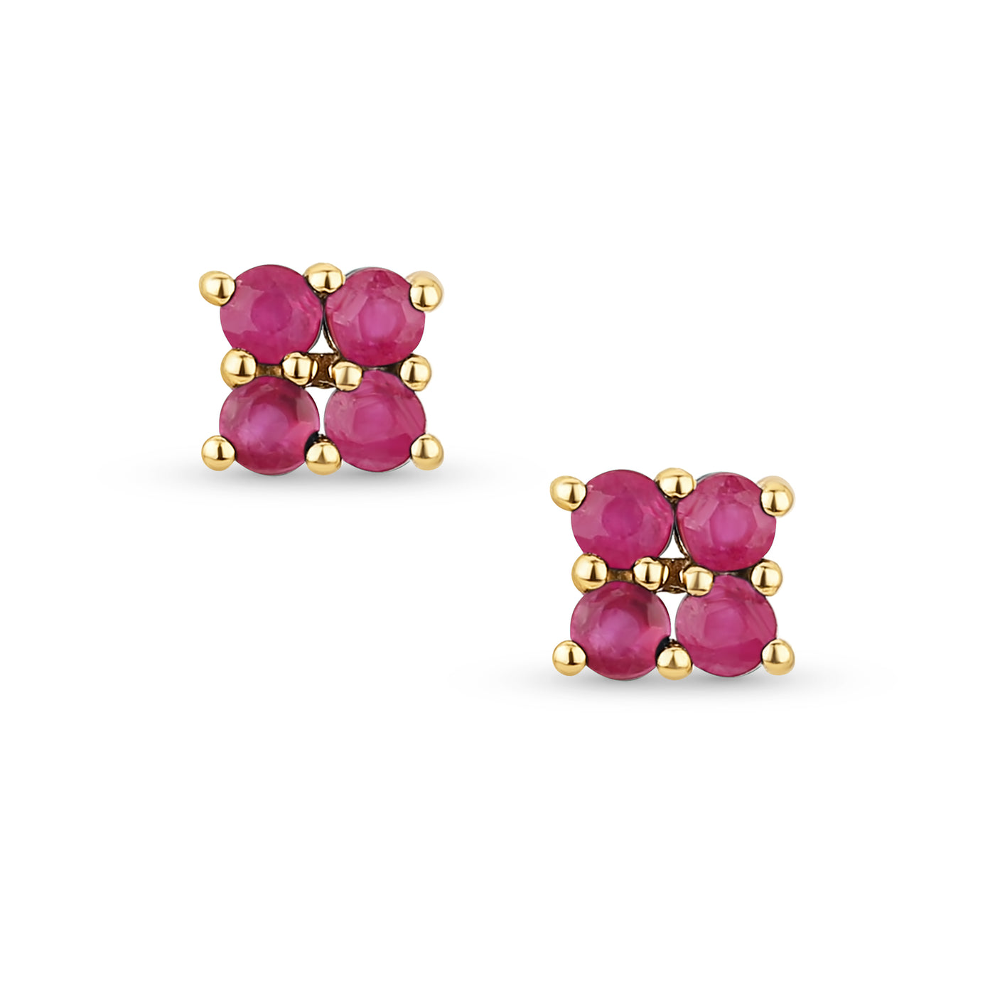 Minimalist Geometric Real 14K Yellow Gold Natural Red Ruby Square Stud Earrings