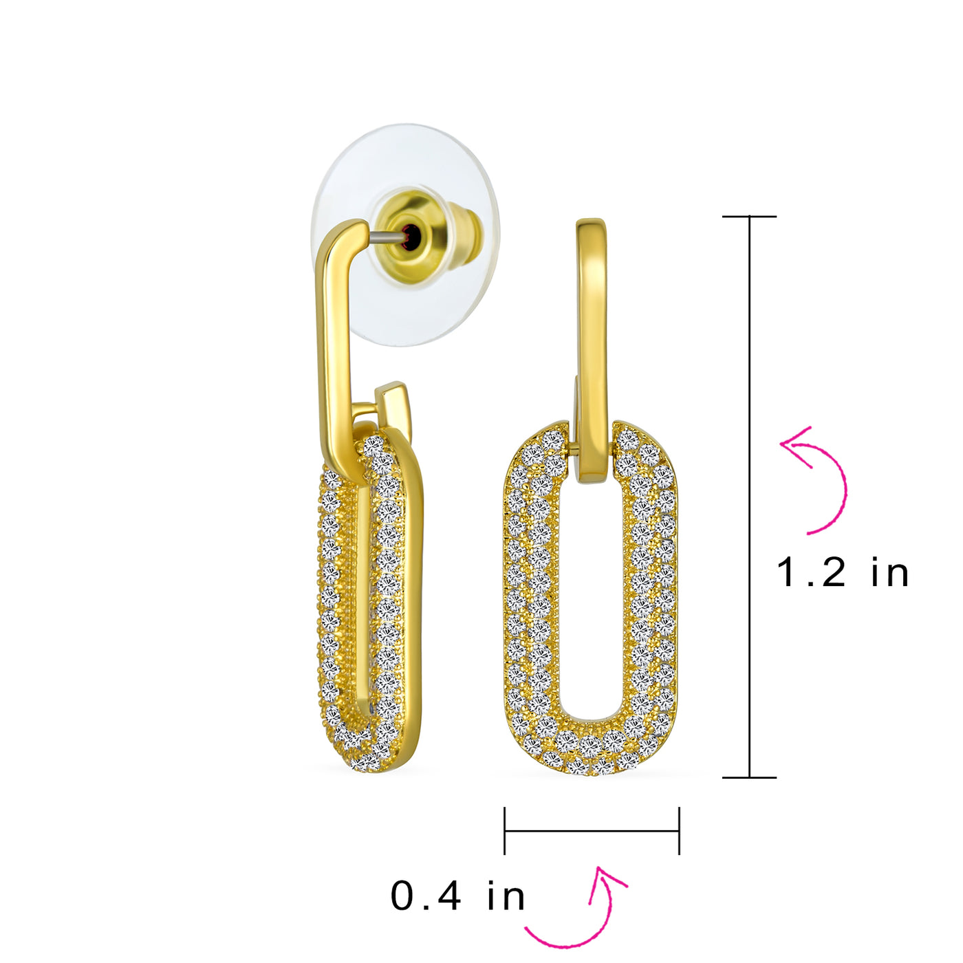 Set of 2 Vertical U Rectangle CZ Dangling Link Paperclip Earrings