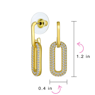 Set of 2 Vertical U Rectangle CZ Dangling Link Paperclip Earrings