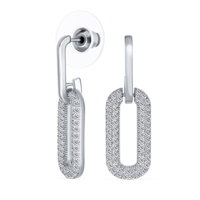 Set of 2 Vertical U Rectangle CZ Dangling Link Paperclip Earrings