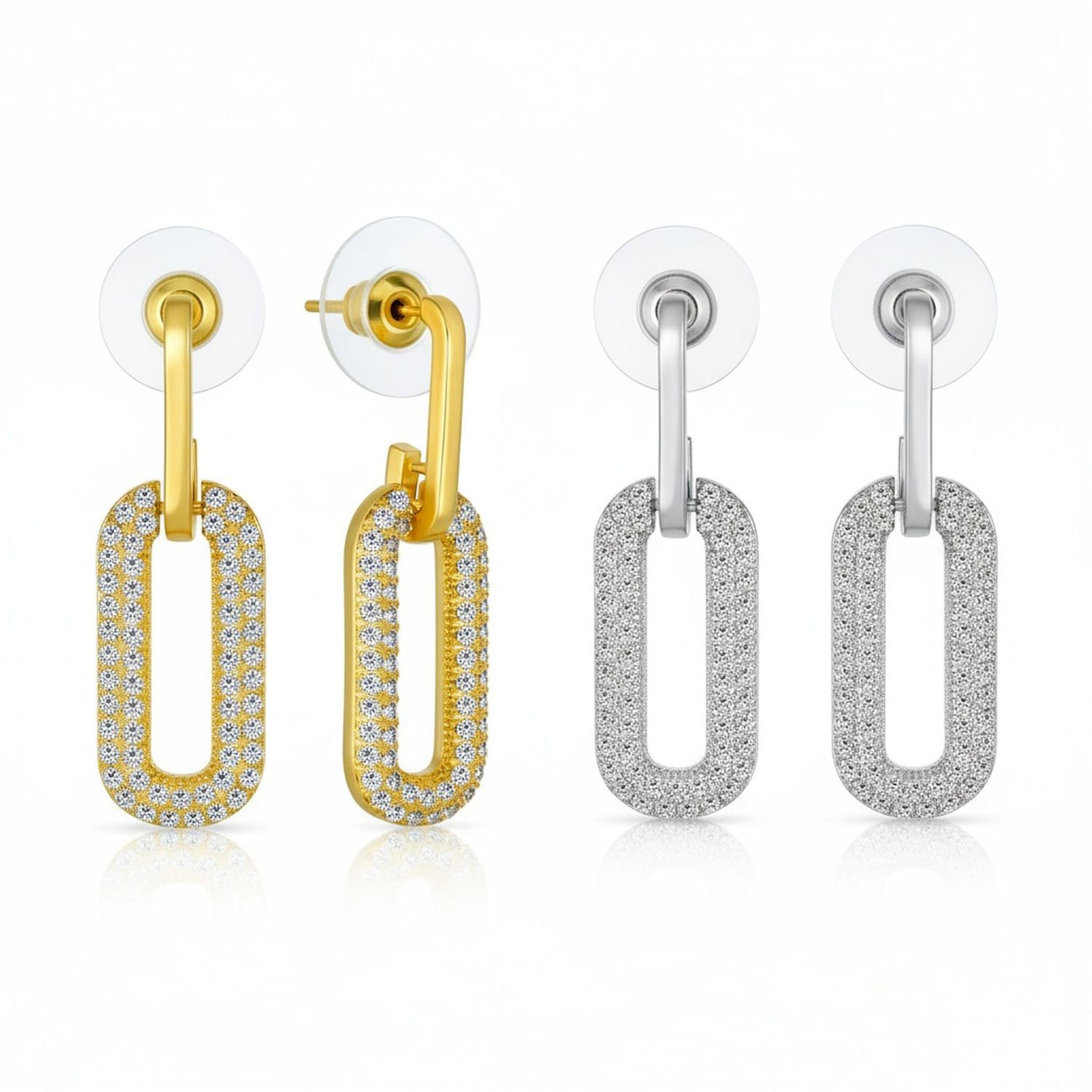 Set of 2 Vertical U Rectangle CZ Dangling Link Paperclip Earrings