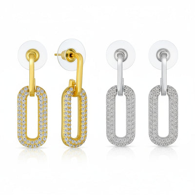 Set of 2 Vertical U Rectangle CZ Dangling Link Paperclip Earrings