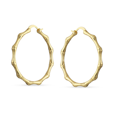 Large Fashion Plain Bamboo Hoop Earrings Yellow Gold Plated 1.5 -2.5"